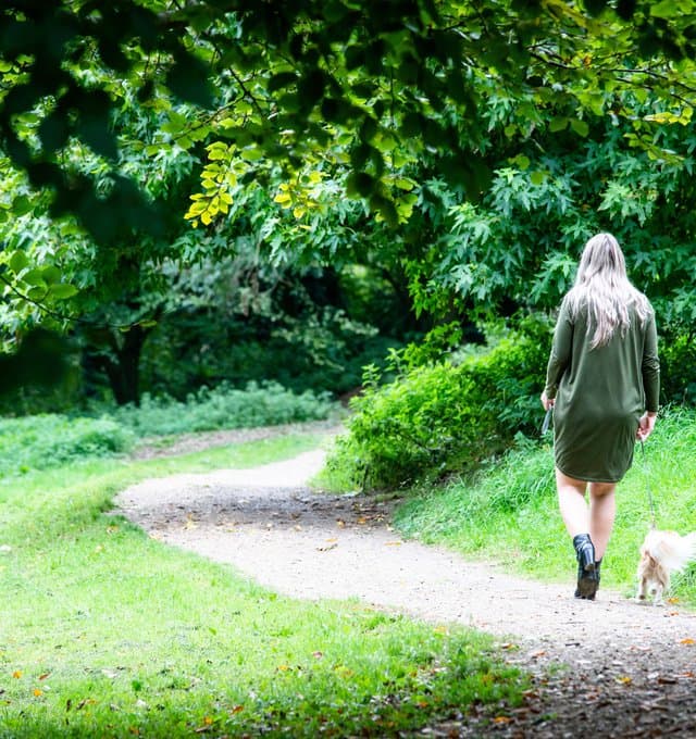 Women walking outdoors with dog